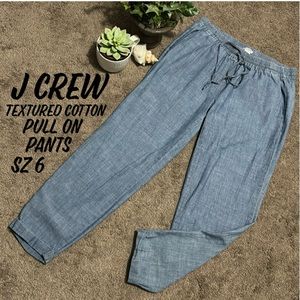 J Crew PullOn Textured Cotton Pants-Sz 6-Chambray Blue-Ties-Pockets-Folded Cuff